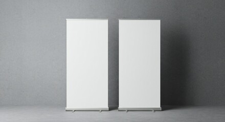 Two white roll-up banners against a muted gray wall, minimalist, soft shadows on a dark floor, clean lines and simple composition.
