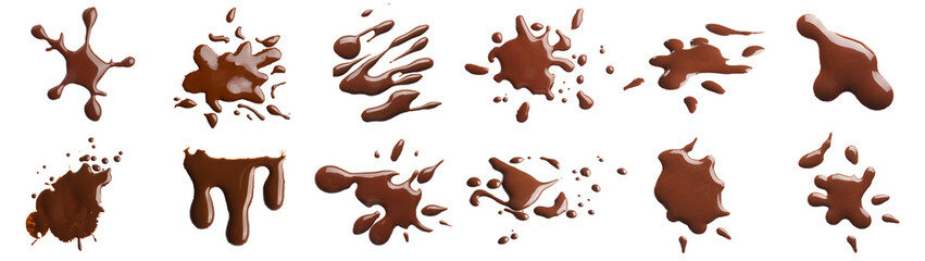 Different chocolate splashes and drops on white background