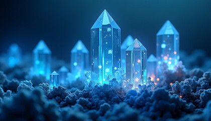 Glowing Crystal Points Standing on Textured Cloudscape in Blue Hues