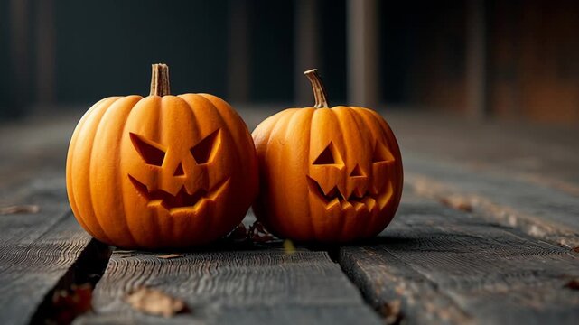 Chilling pumpkins with carved scary faces glow in the dim light of an autumn evening
