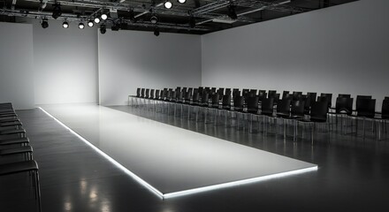 Minimalist fashion runway setup with bright lights, black chairs on either side, polished white runway, spacious venue.