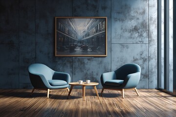 Modern interior with framed poster mockup on wooden wall and stylish blue chairs in clean lounge layout. 3D Rendering. High quality