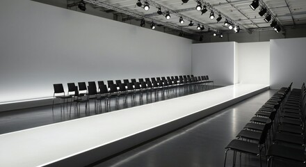 Minimalistic fashion runway with bright white flooring, overhead lighting, and black chairs neatly arranged along the sides, creating a professional and clean aesthetic.