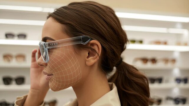 AR shopping experience with virtual fitting technology for woman trying on sunglasses and eyewear in store with grid overlay