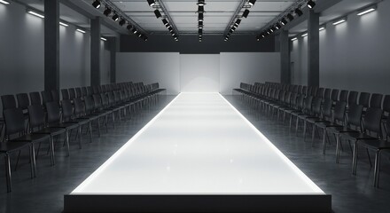 A minimalist fashion runway scene with a polished white catwalk, black chairs lining each side, bright overhead lights, and gray walls, evoking elegance and anticipation.