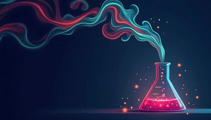 Glowing Science Flask with Red Liquid and Colorful Vapor on Dark Background