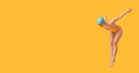Diving female swimmer on yellow background with space for text