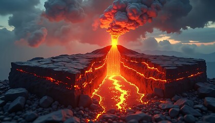Glowing Volcano Erupting with Orange Lava and Gray Smoke