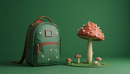 Green Backpack Next to Small Mushroom Garden on Green Background