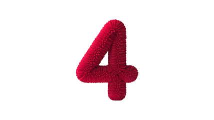 A fluffy red number four isolated against a stark isolated White background  in simple view