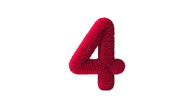 A fluffy red number four isolated against a stark isolated White background  in simple view