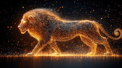 Fiery lion silhouette, glowing particles