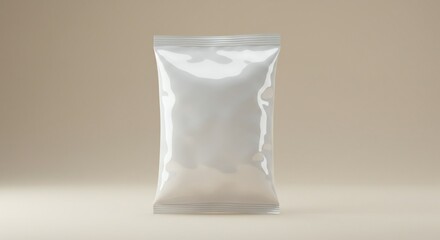 Obraz premium Transparent pouch centered, glossy finish, muted beige background, minimalist design, contemporary style.