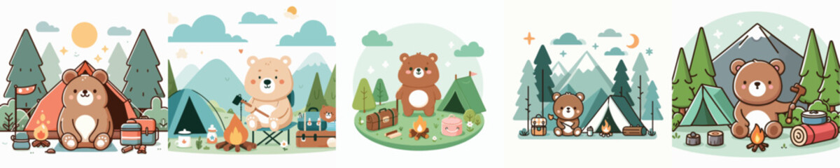 collection of cute bear vectors camping