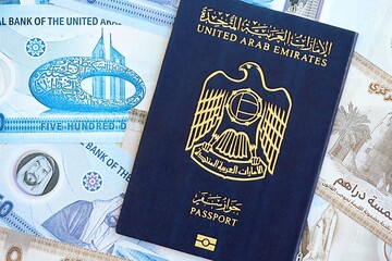 United Arab Emirates dirham currency money bills and passport. The concept of travel and vacation
