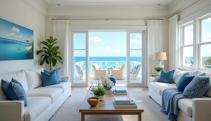 Living Room Interior with Ocean View Balcony and White Sofas