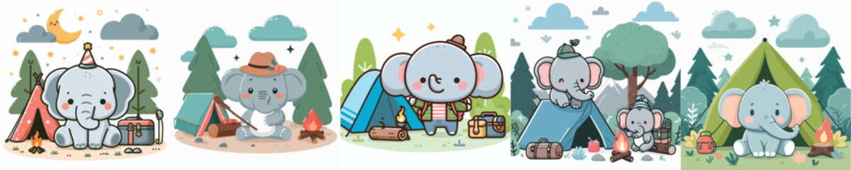 collection of cute elephant vectors camping