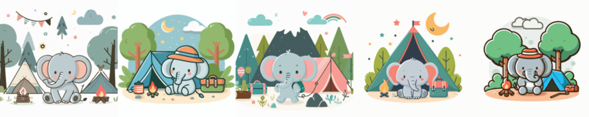 Naklejka premium collection of cute elephant vectors camping