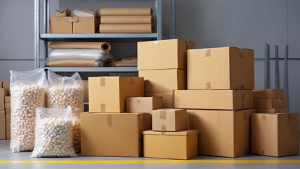 Cardboard boxes in warehouse, packaging storage scene, shipping preparation area, logistic equipment, cardboard containers stack, parcel organization, delivery process environment - Powered by Adobe