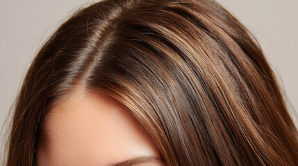 Naklejka premium 分け目が見えるブラウンヘアのトップが鮮明に捉えられたカット。育毛剤や頭皮ケア商品の説明用に適したビジュアル。 