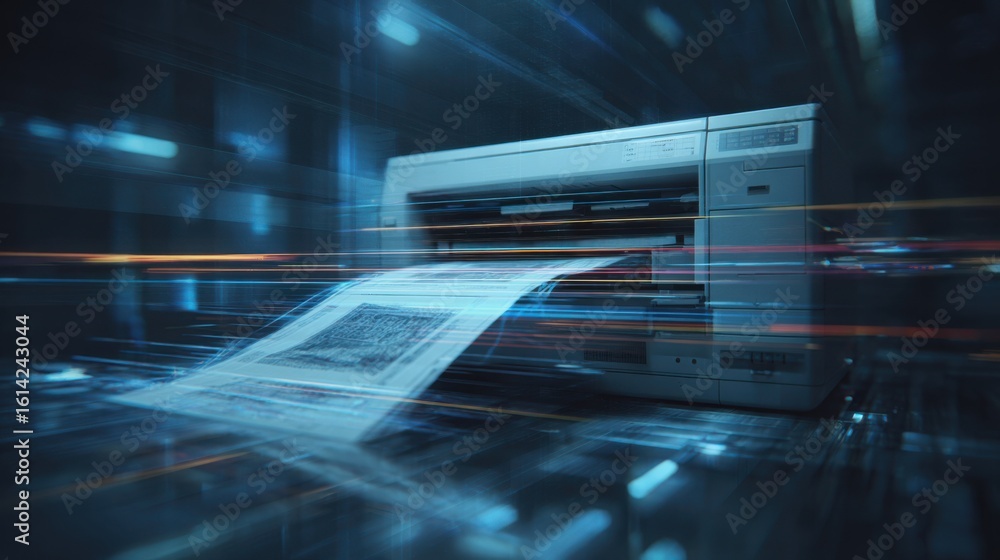 Aufkleber artistic medium shot capturing a retro fax machine sending intricate art prints over sleek blurred i
