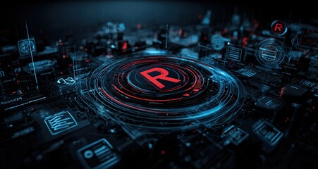 Trademark and copyright protection concept with icons of legal authorization, copyright, and certification around central R symbol on dark background. 3D Rendering. High quality