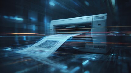 Artistic medium shot capturing a retro fax machine sending intricate art prints over sleek blurred IP gateway hardware highlighting the fusion of traditional and digital