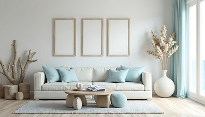 Living Room Interior with Sofa, Frames, and Coastal Decor