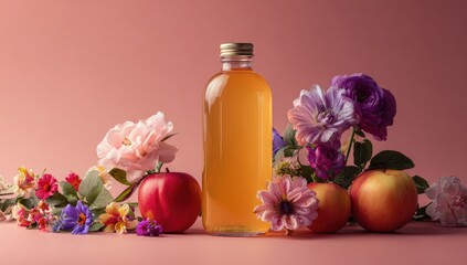 Apple cider bottle, floral arrangement, pink background, product shot