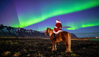 Santa Claus rides horse under magnificent Northern Lights, creating truly magical Christmas atmosphere. vibrant aurora illuminates dark, rugged landscape