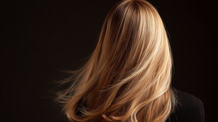光沢のあるブロンドヘアがなびく後ろ姿。美しいツヤ髪ケアを連想させるビジュアル。
