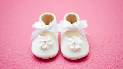 Delicate white baby shoes with bows on pink background