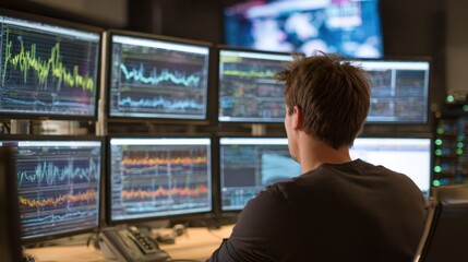 Overtheshoulder view of a network engineer analyzing realtime network traffic graphs displayed on multiple monitors in a server room.
