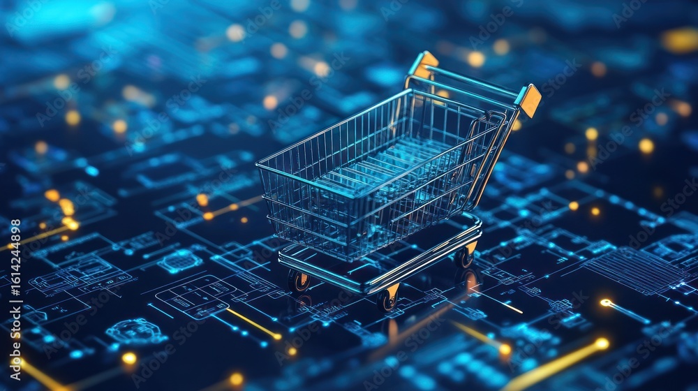 Wall mural digital shopping cart on a luminous circuit board displaying innovative integration of technology wi