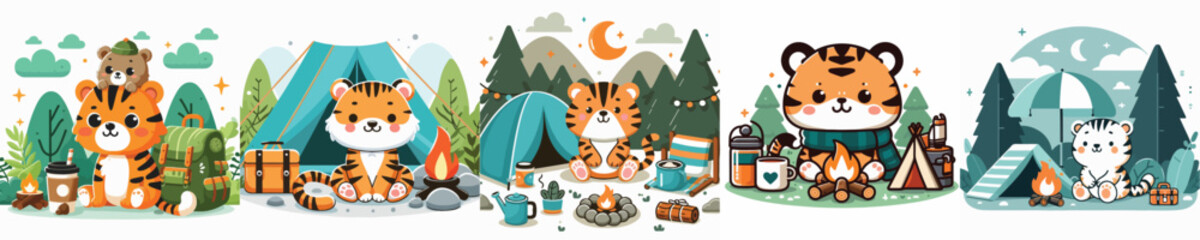 Naklejka premium collection of cute tiger vectors camping