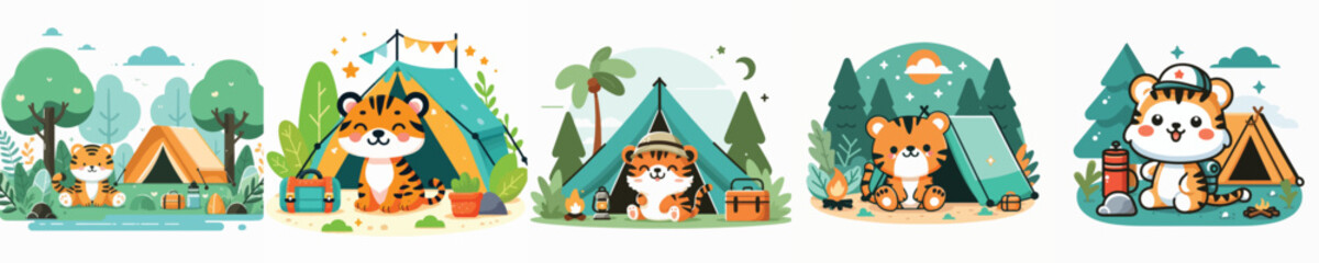 collection of cute tiger vectors camping