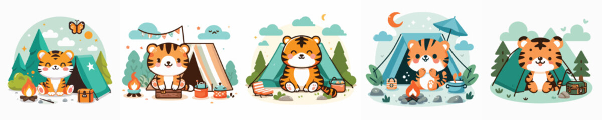 Fototapeta premium collection of cute tiger vectors camping