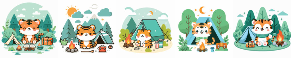 collection of cute tiger vectors camping