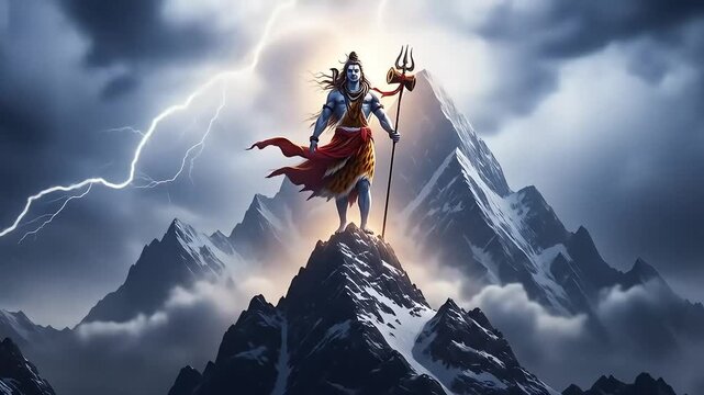 Glowing Trident Lord Shiva Back View in Mystic Mountain Fog - Wallpaper

