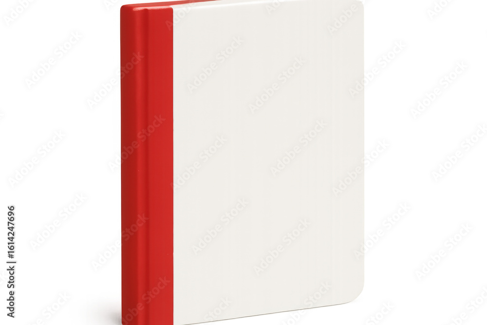 Poster white-covered book closed with red spine, floating against transparent backdrop, highlighting publis