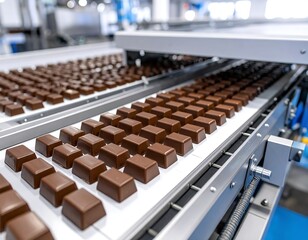 Fototapeta premium Chocolate squares on a conveyor belt in a factory (4)