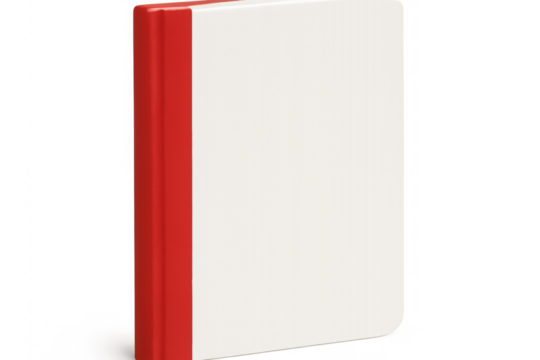 White-covered book closed with red spine, floating against transparent backdrop, highlighting publishing design concepts