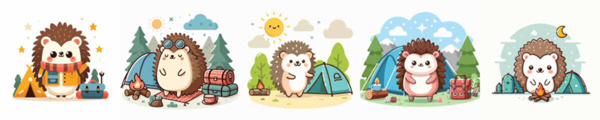collection of cute hedgehog vectors camping