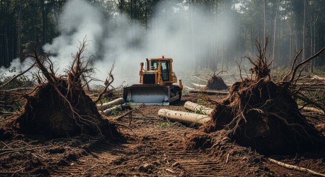 Bulldozer amid cleared woodland with uprooted trees and rising smoke symbolizing forest destruction and land clearing.