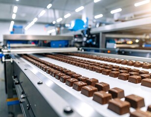 Fototapeta premium Chocolate squares on a conveyor belt in a factory (5)