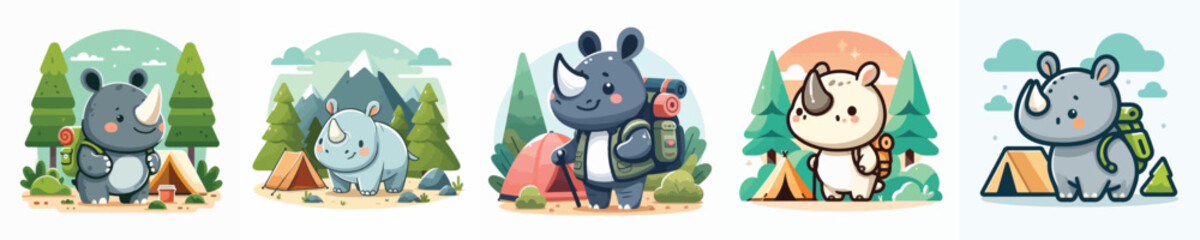 collection of cute rhino vectors camping