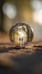 Crystal sphere, two figures walking in a sunlit forest path