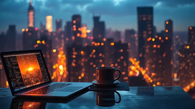 coding over cityscape a night view of software development with coffee and blurred urban skyline