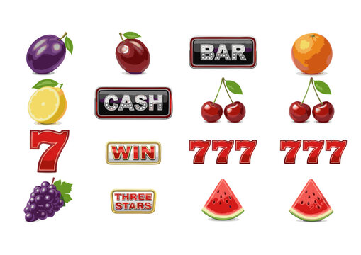 Slot Machine Symbols: Fruits Numbers and Words for Casino Games.