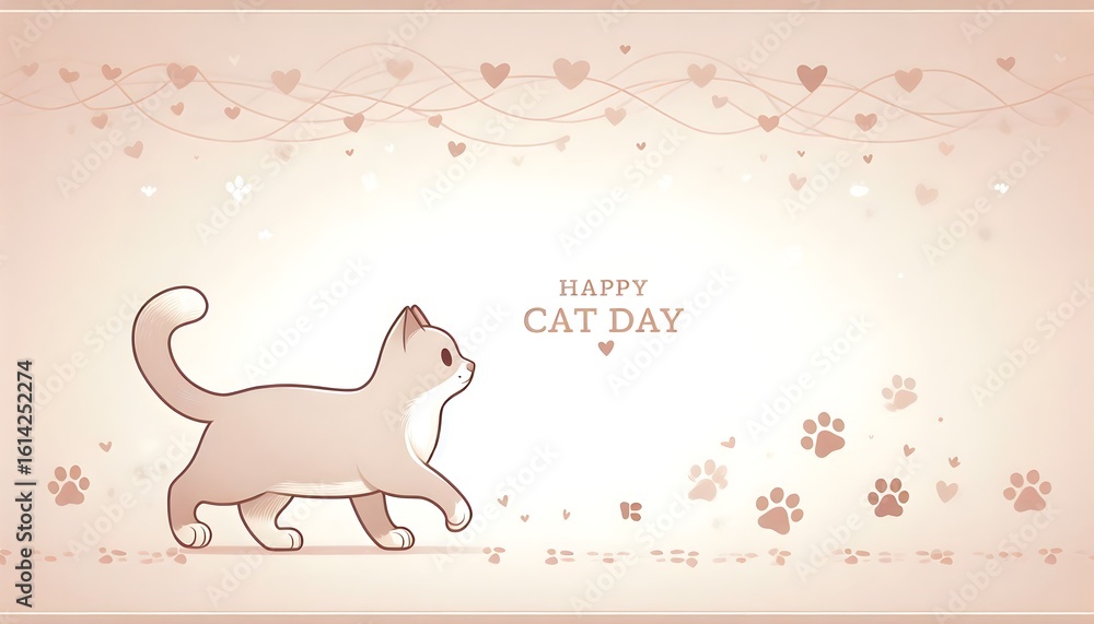 Poster flat vector design for cat day showing paw prints and small heart details on gentle background